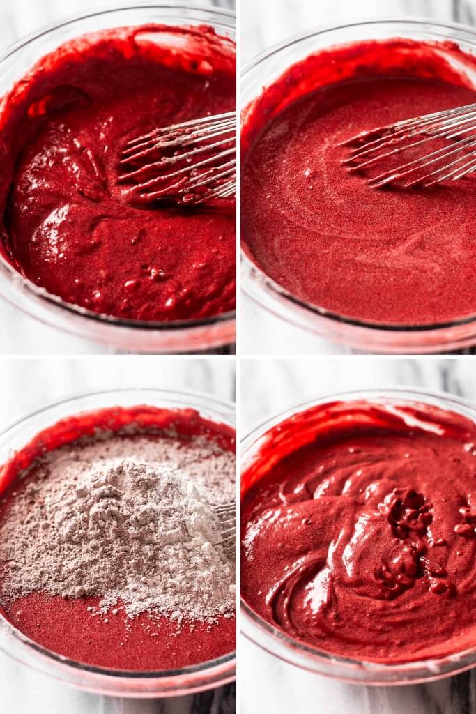 4 photos showing progress of making red velvet cupcake batter: photos shown are half of dry ingredients mixed into wet ingredients in bowl, buttermilk mixed into batter in bowl, remaining dry ingredients added into bowl before mixing, and final batter in bowl after mixing