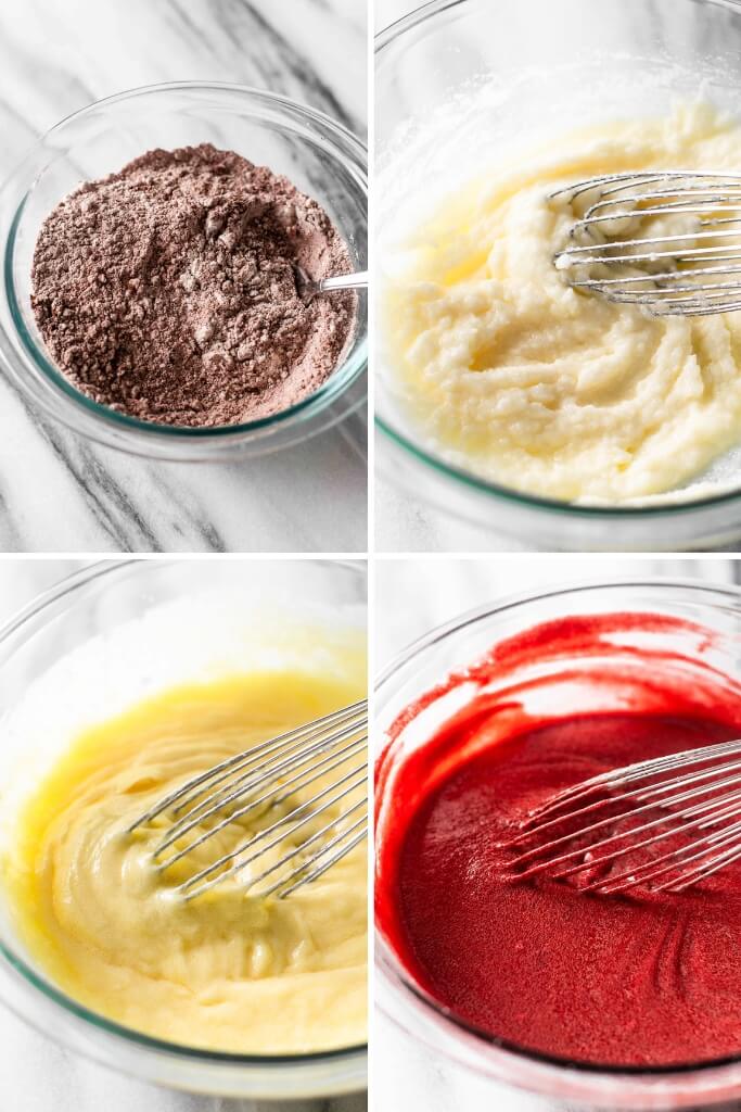 4 photos showing progress of making red velvet cupcake batter: progress photos shown are dry ingredients whisked together in bowl, butter/oil/sugar creamed together in bowl, eggs whisked into butter mixture in bowl, and remaining wet ingredients minus the buttermilk mixed into butter mixture