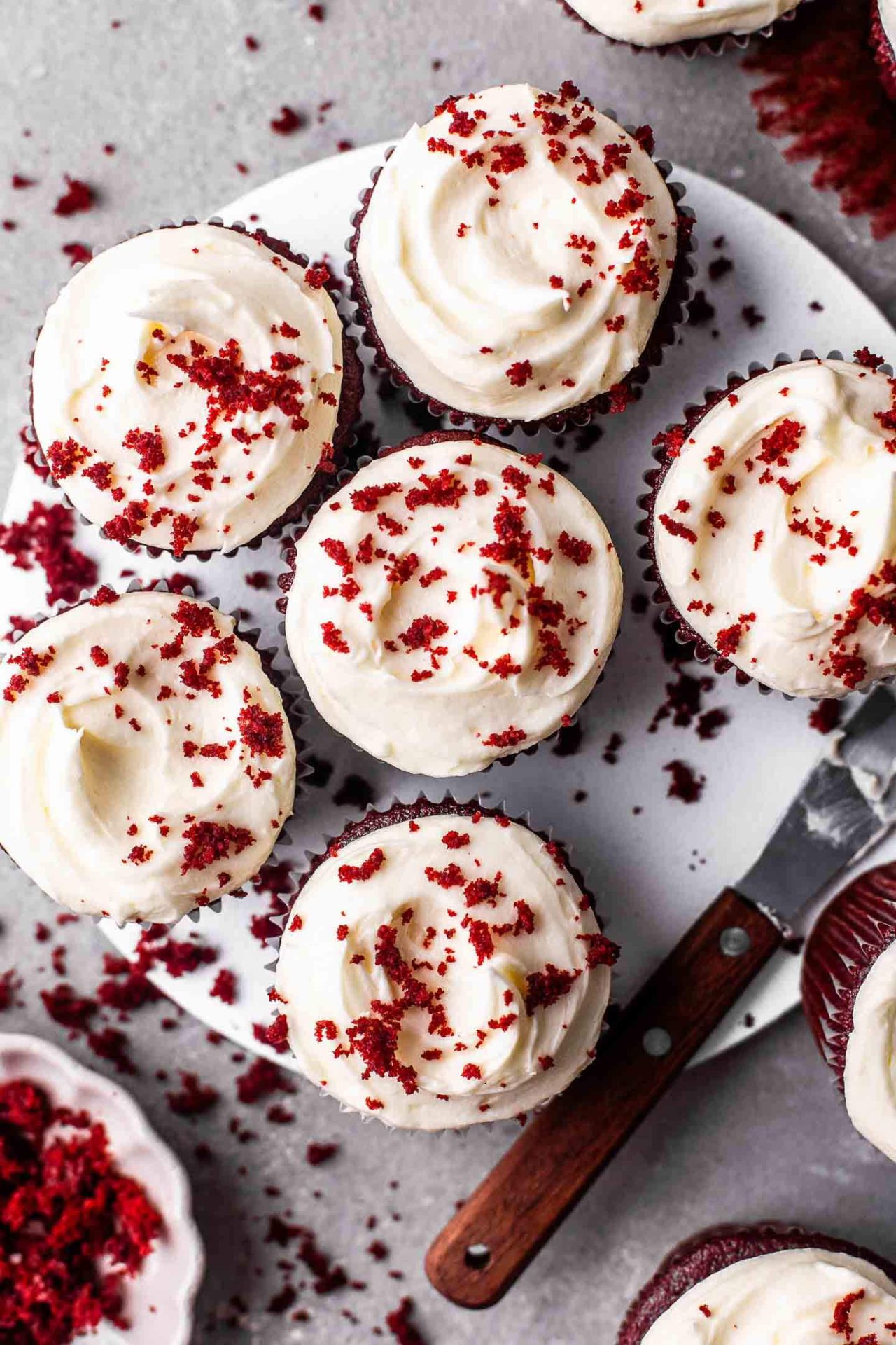 frosted red velvet cupcakes on serving board-1-5