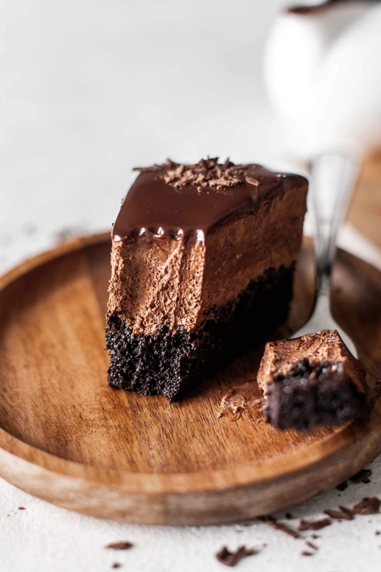 chocolate mousse cake slice on plate