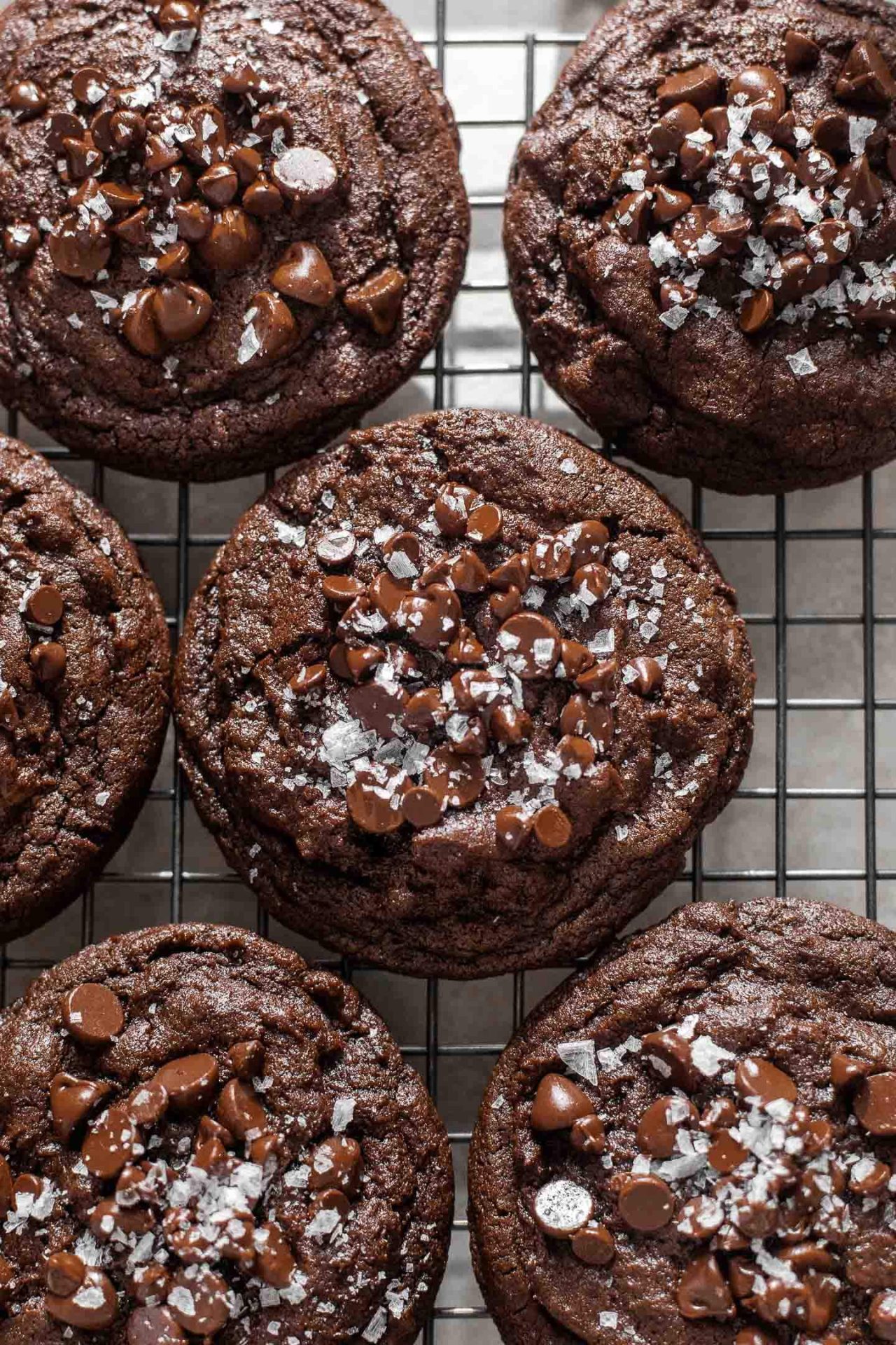 double chocolate chip cookies on wire rack