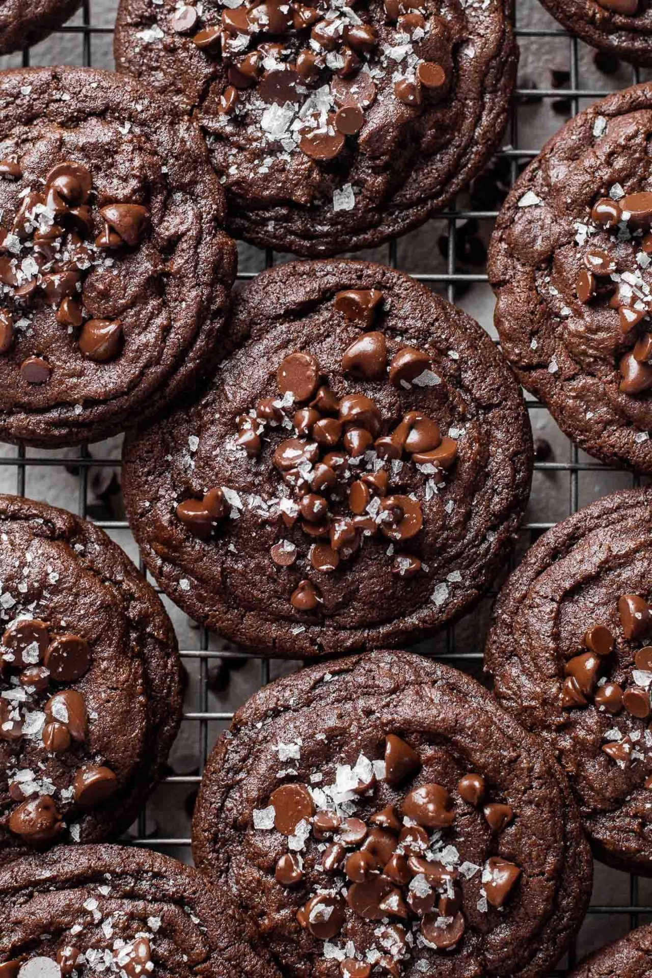 double chocolate chip cookies on wire rack